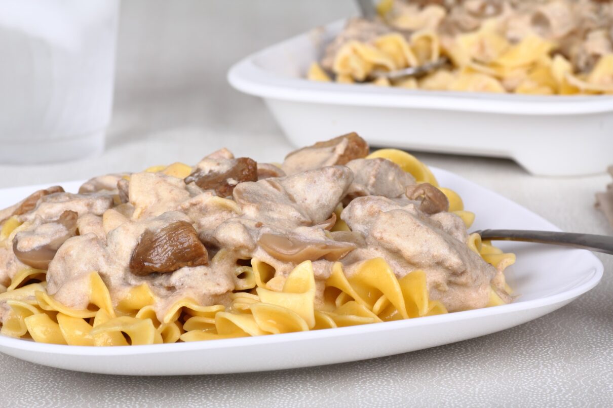Beef stroganoff with beef tips, mushrooms and sauce over egg noodles